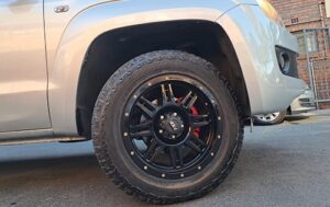 Picture shows image of a VW Amarok with custom painted callipers at Racers Paint and Panel