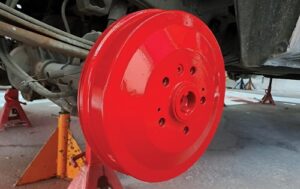 Custom Painted wheel hub in bright red - back wheel of a VW Amarok at Racers Paint and Panel Brake Caliper Painting Johannesburg