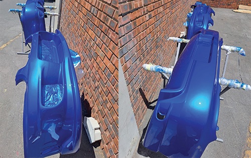 Image shows a Subaru bumper after respray drying at Racers paint and panel in jophannesburg
